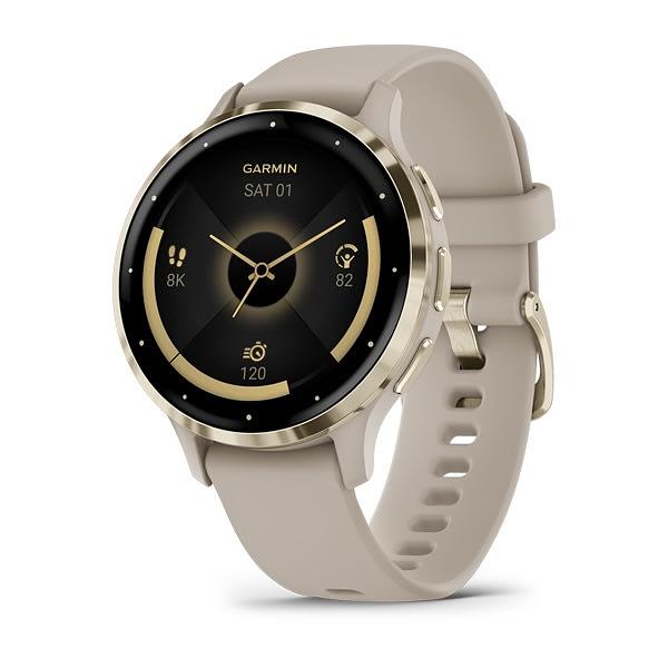 Garmin Venu 3S Soft Gold With French Gray Case and Leather Band